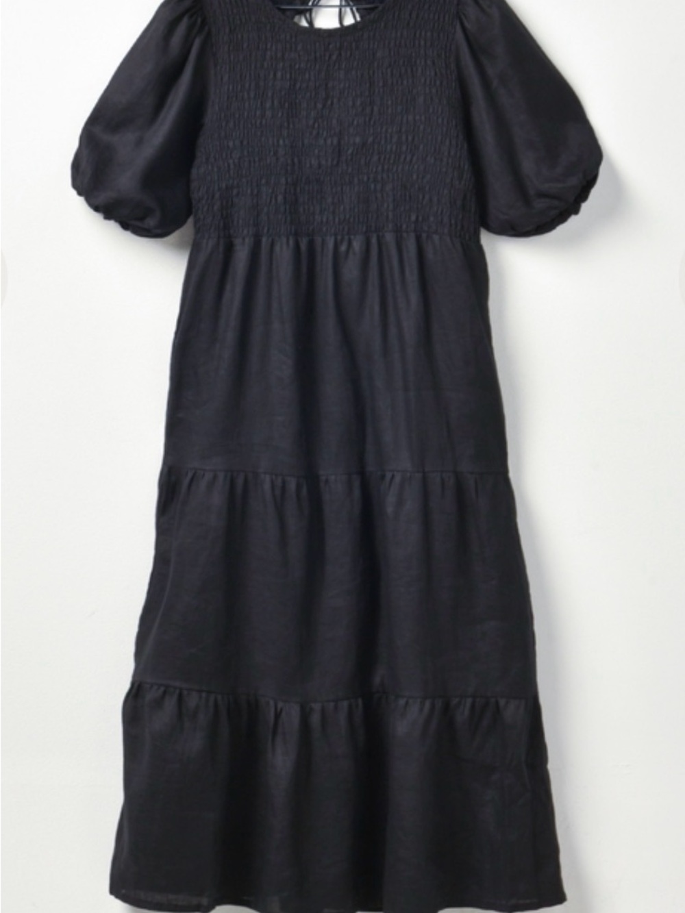 Faithfull The Brand Alberte Black Linen Puff Sleeve Smocked Midi Dress - Size M